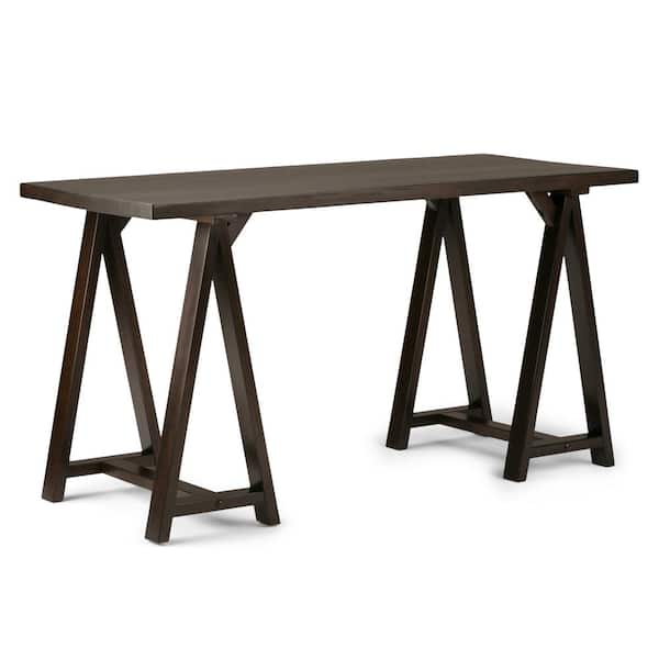 Simpli Home Sawhorse Solid Wood Modern Industrial 56 in. Wide Writing Desk in Dark Chestnut Brown
