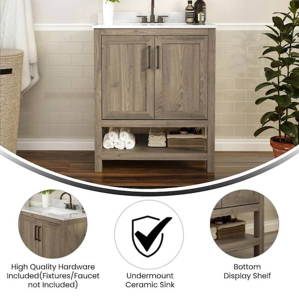 Vivien 30 in. Single Sink Freestanding Brown Bath Vanity with White Stone Top Assemble with Open Storage