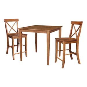 36 in. x 36 in. 3-Pieces Distressed Oak Solid Wood Dining Table with 2 RTA Counter Stools