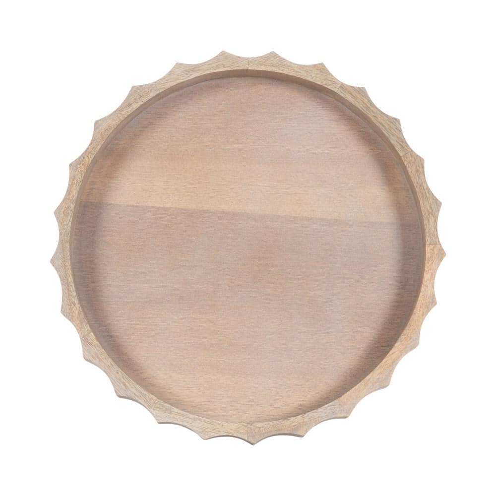 Natural Mango Wood Round Tray with Wavy Design, 15 Inch