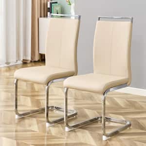 Beige PU Faux Leather High Back Upholstered Side Chair with Silver C-Shaped Tube Chrome Metal Legs (Set of 2)