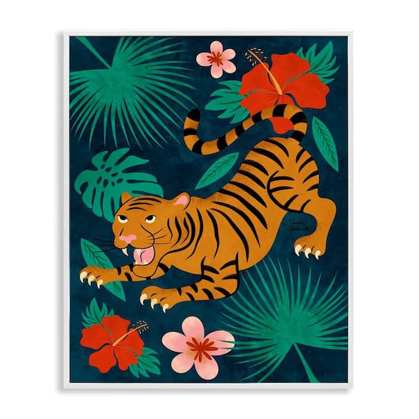 Stupell Industries Crouching Tiger Tropics by Carrie Cantwell White Framed Animal Giclee Art Print 14 in. x 11 in.