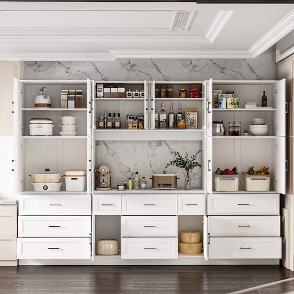 White Wood 110.2 in. W Pantry Cabinet with Glass Doors, 11 Drawers for Kitchen or Dining Room Storage