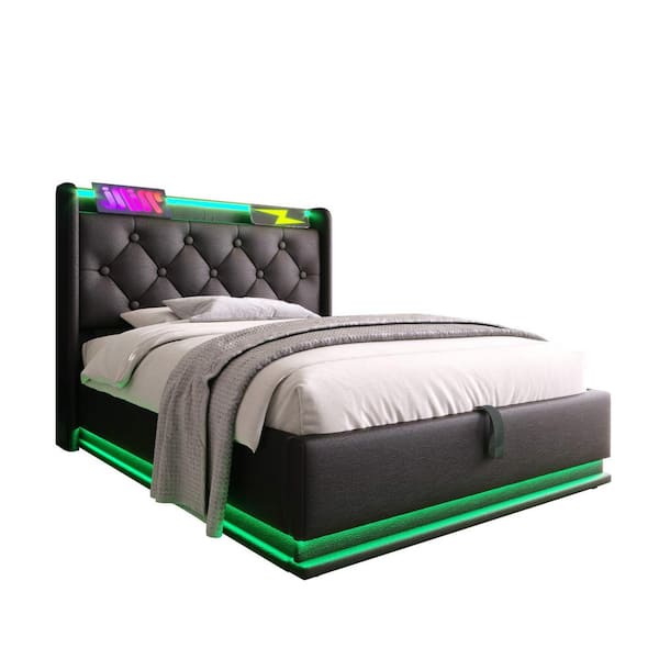 Black Wood Frame Twin Size PU Leather Upholstered Platform Bed with Surround 360° LED Function and USB Type-C charging
