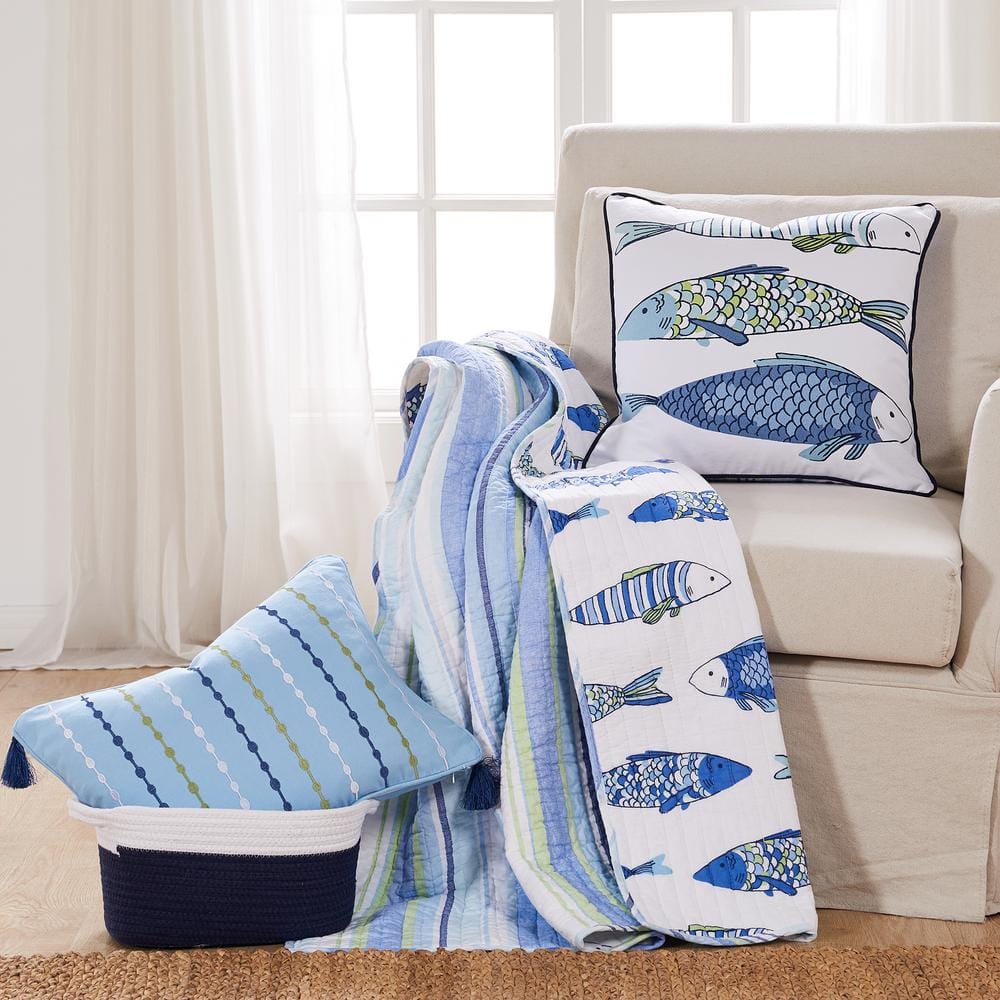 White and Blue Marine Fish Print Feather Throw Pillow