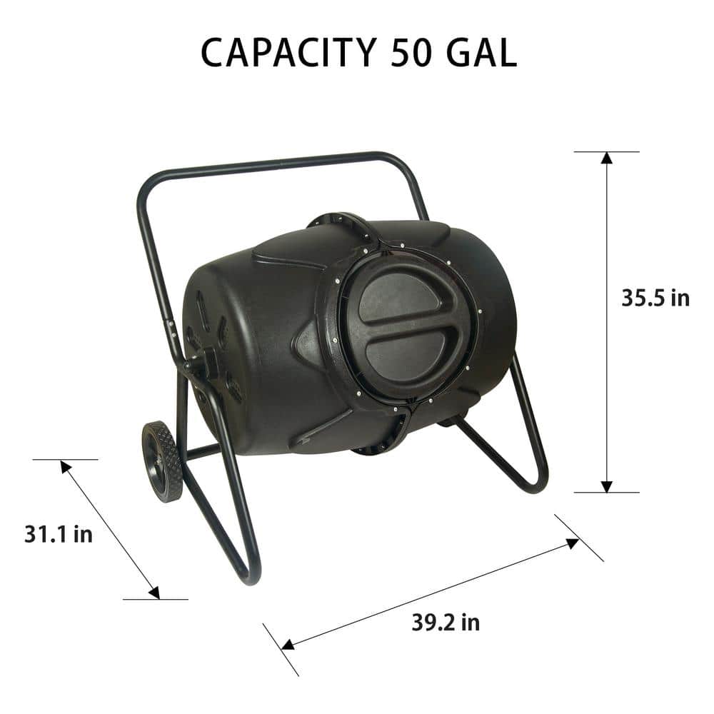 Black 50-Gallon Wheeled Tumbling Outdoor Composter with Steel Frame