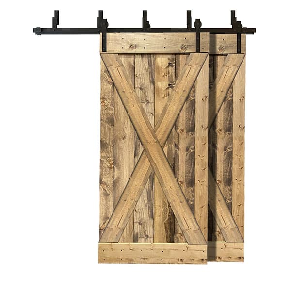 CALHOME 76 in. x 84 in. X Series Bypass Weather Oak Stained Solid Pine Wood Interior Double Sliding Barn Door with Hardware Kit