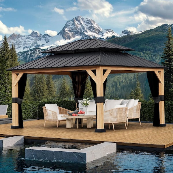 13 ft. x 11 ft. Double Galvanized Steel Roof Cedar Wood Frame Outdoor Patio Hardtop Gazebo with Mosquito Netting