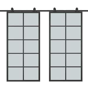 48 in. x 84 in. 10-Lite Frosted Glass Black Aluminum Frame Interior Double Sliding Barn Door with Hardware Kit