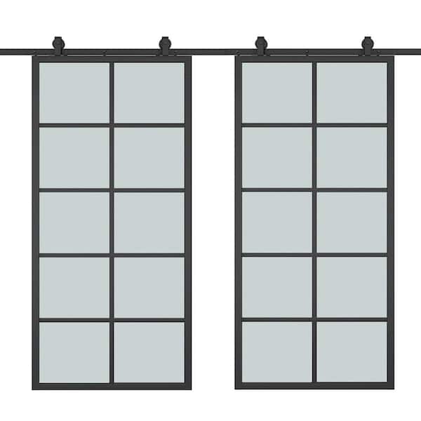 60 in. x 84 in. 10-Lite Frosted Glass Black Aluminum Frame Interior Double Sliding Barn Door with Hardware Kit