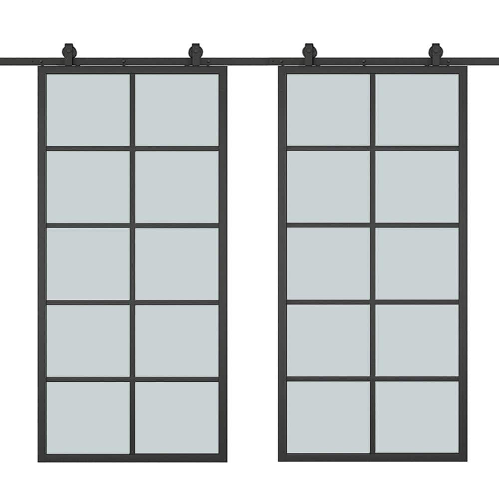 72 in. x 84 in. 10-Lite Frosted Glass Black Aluminum Frame Interior Double Sliding Barn Door with Hardware Kit -  CALHOME, LKM10-1