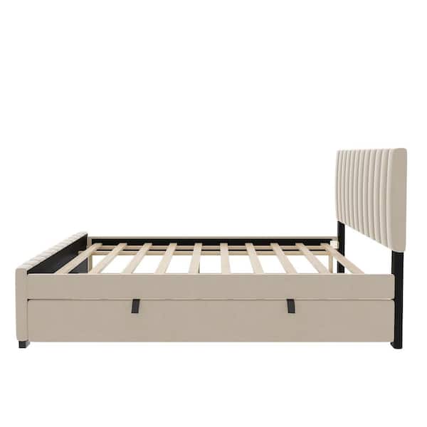 Channel-Tufted Beige Wood Frame Full Size Velvet Upholstered Platform Bed with Twin Size Trundle