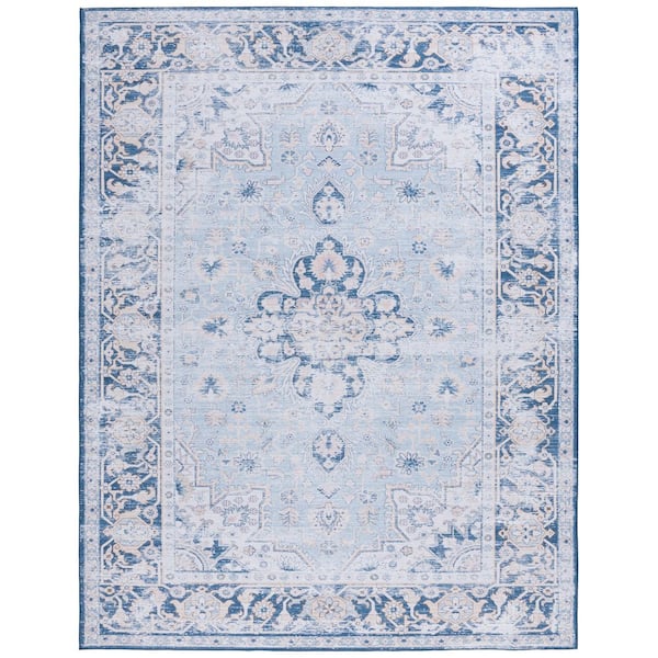 Tucson 10 ft. x 14 ft. Light Blue/Navy Abstract Ornate Medallion Washable Area Rug