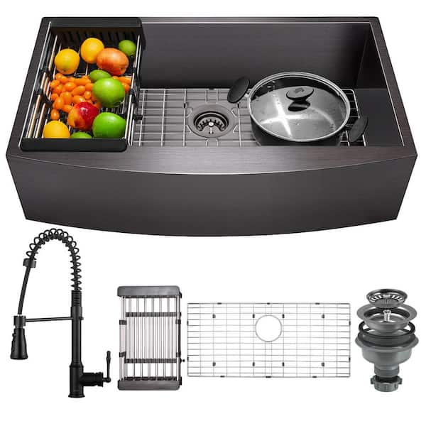 AKDY HEX 33 in. Farmhouse Apron Front Single Bowl Gunmetal Black Stainless Steel Kitchen Sink