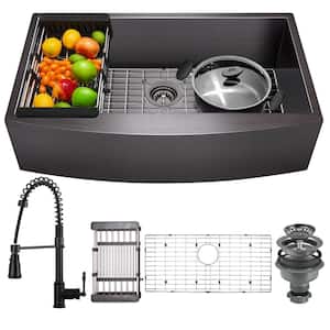 All-in-One Matte Black Finished Stainless Steel 33 in. x 20 in. Farmhouse Apron Mount Kitchen Sink with Faucet
