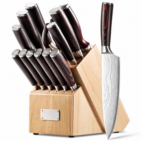 14-Piece High Carbon Stainless Steel Kitchen Knife Set with Block and Sharpener, Red Pakkawood Handle