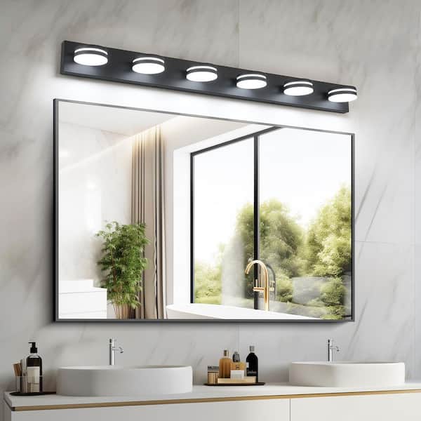 47 in. 6 Light Black LED Bathroom Vanity Light with Dimmable 5500K and 270° Swivel Range Acrylic Lampshade