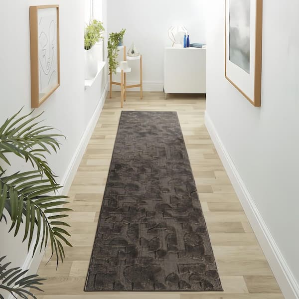 2 ft. x 8 ft. Brown Abstract Washable Scatter - Bohemian-Style, Non-Shedding Carpet Accent Rug