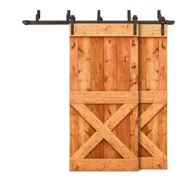 CALHOME 92 in. x 84 in. Mini X-Bypass Red Walnut Stained DIY Solid Wood Interior Double Sliding Barn Door with Hardware Kit