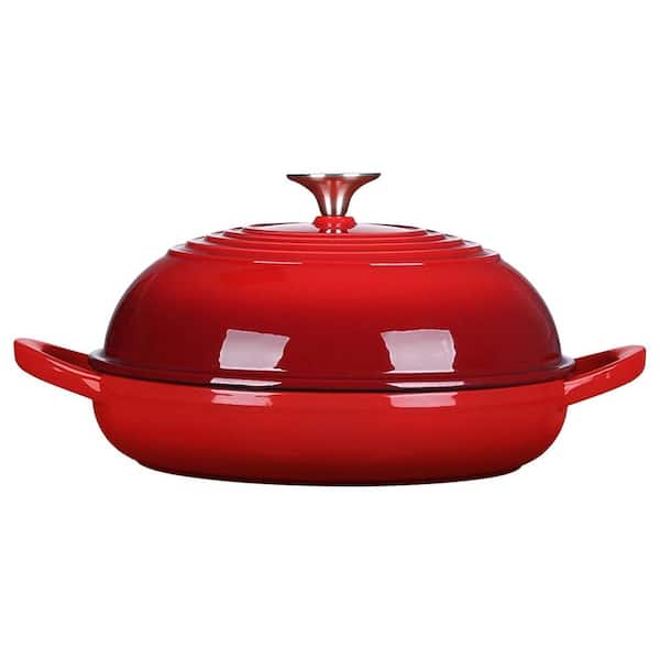 6 qt. Round Cast Iron Dutch Oven in Red with Lid Nonstick Silicone Baking Mat Set for Bread Cooking