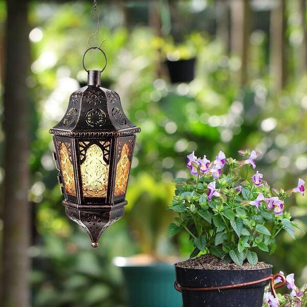 13.6 in. x 6 in. Bronze Metal Vintage Hanging Lantern with Amber