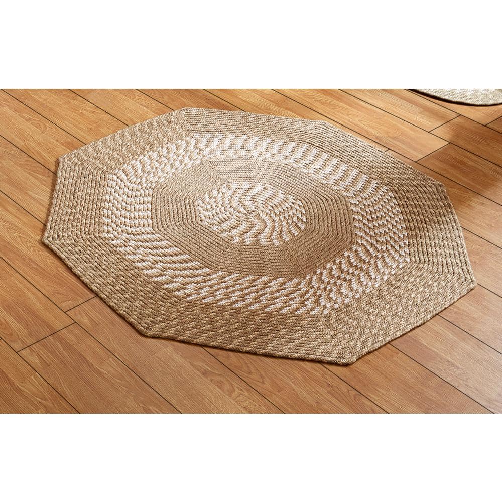 Tan and Beige Round Braided Synthetic Reversible Rug, 48"