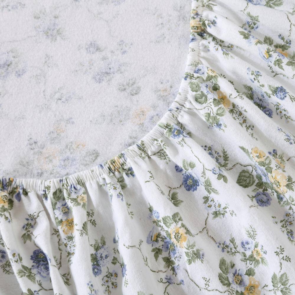 Queen Size Cottage Blue Floral Cotton Flannel Sheet Set