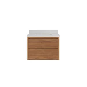Madison Float 30 in. W x 22 in. D x 36 in. H Single Sink Bath Vanity Center in Dark Natural with 2 in. Carrara Qt. Top