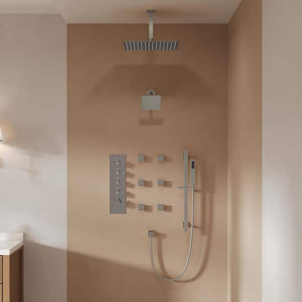 Dual 15-Spray Ceiling Mount 16 and 6 in. Fixed and Handheld Shower Head 2.5 GPM in Brushed Nickel Valve Included