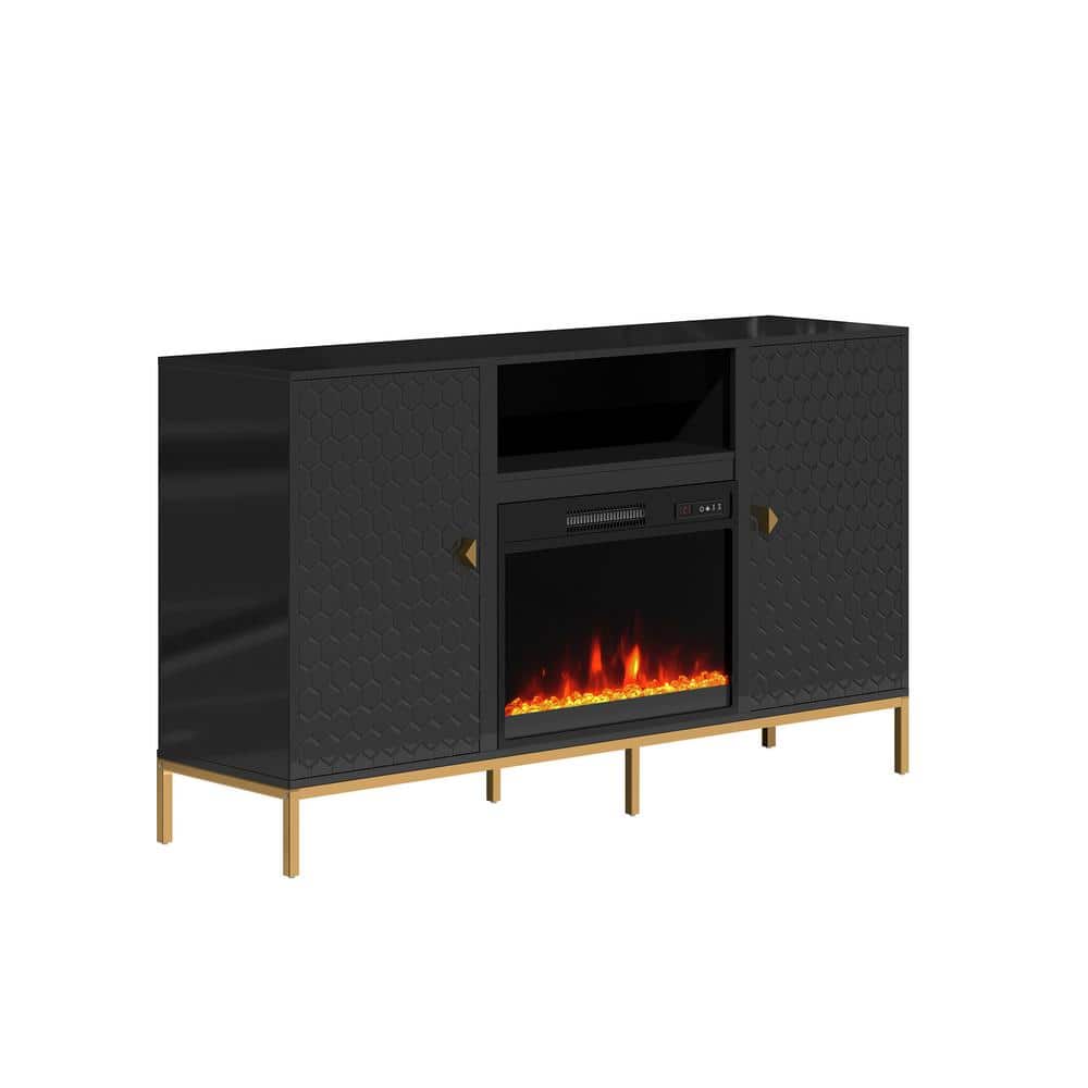 Black TV Stand Fits TVs up to 60 in. with 2-Doors and 23 in. Electric Firep