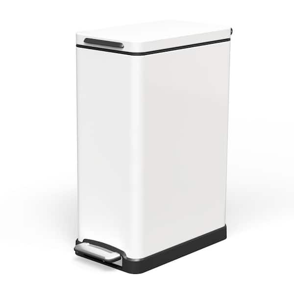 12 Gallon Slim Stainless Steel Kitchen Trash Can with Step Pedal and Soft Close Lid, White