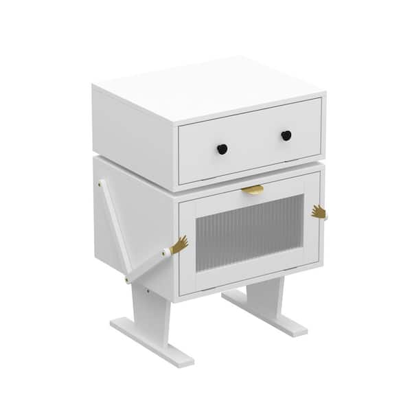 FUFU&GAGA 18.9 in. W White Wood Square End Table, Side Table With Robot Shape, 2-Drawer, 360°Rotation, 15.7 in. D x 27.6 in. H