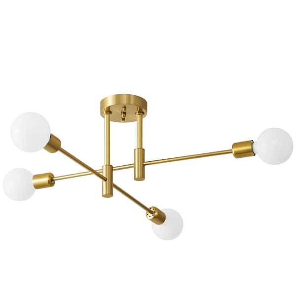 Vintage 4-Light Gold Linear Sputnik Chandelier Semi Flush Mount, Bulb Not Included