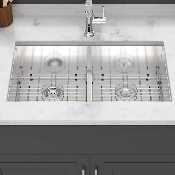 36 in. Undermount Double Bowl (50/50) 16 Gauge Brushed Nickel Stainless Steel Kitchen Sink with Bottom Grids
