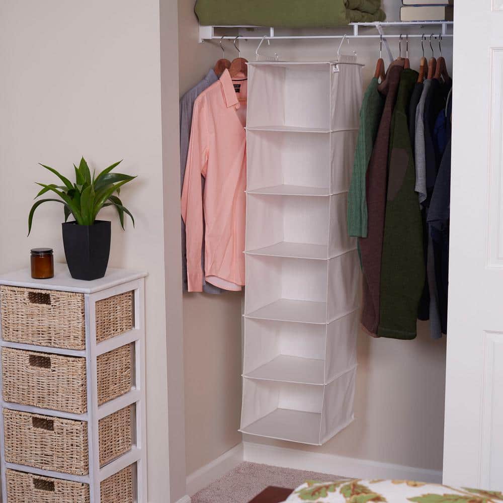 Compact Beige Cotton-Blend 6-Shelf Hanging Closet Organizer with Drawer