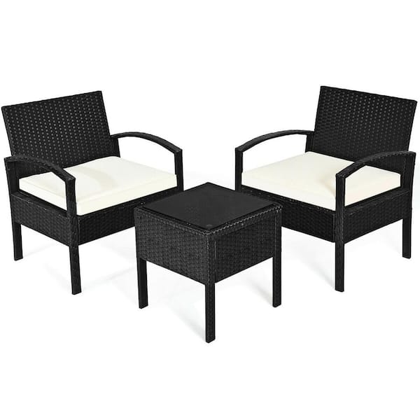 FORCLOVER 3-Pieces Outdoor Rattan Patio Conversation Set with White Seat Cushions