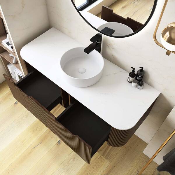 Yingze 48 in. Wall Mounted Single Sink Walnut Bath Vanity with