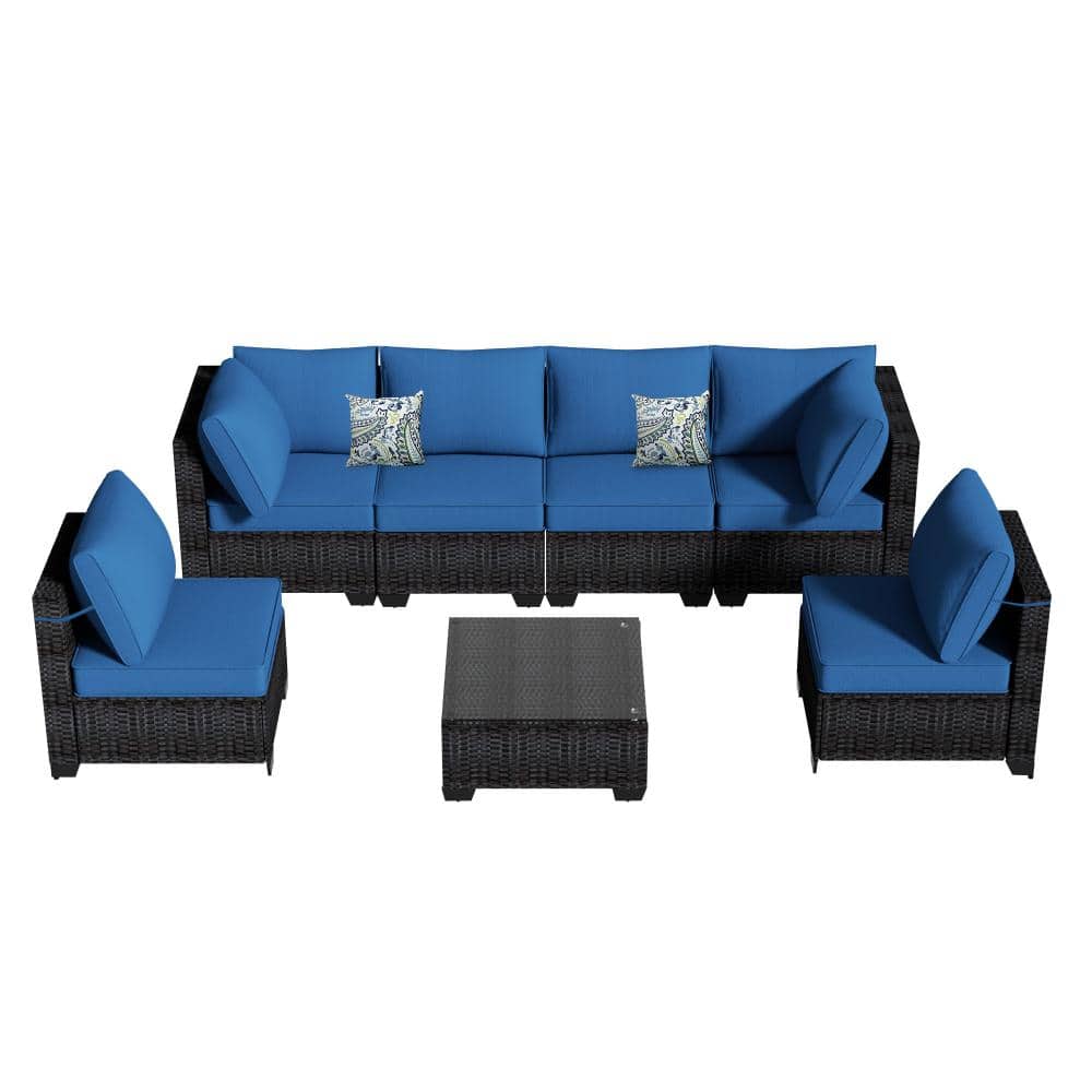 Patio 7-Piece Wicker Sectional Set with Waterproof Peacock Blue Cushions,Coffee Table & Pillows price history on PriceWatchPro