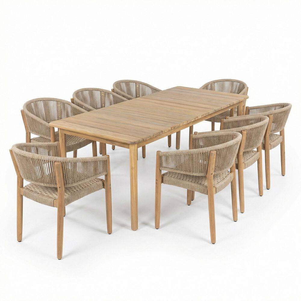Aldorae 9-Piece Patio Natural & Oiled Teak Finish Solid Wood and Light Brown Rope Woven Outdoor Dining Set price history on PriceWatchPro