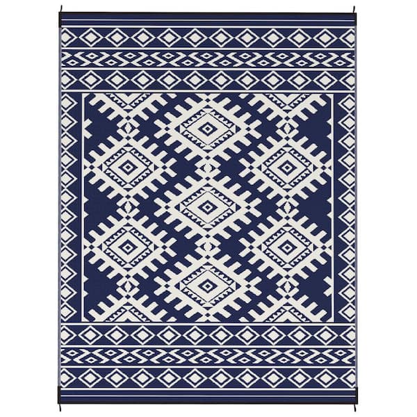 Blue/White 9x12 ft. Rhombus Reversible Polypropylene Outdoor Area Rug
