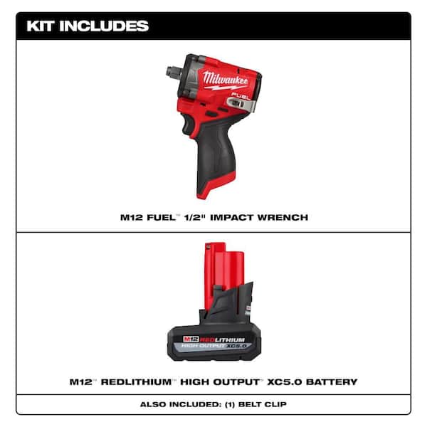M12 FUEL 12V Lithium-Ion Brushless Cordless Stubby 1/2 in. Impact Wrench with M12 XC High Output 5.0 Ah Battery Pack