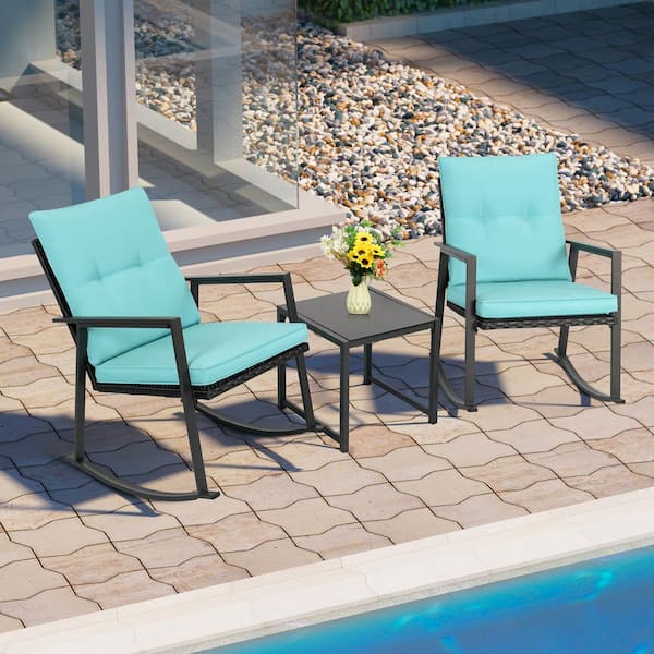 Walsunny 3-Piece Wicker Patio Conversation Set Bistro Furniture Set 2 Rocking Chairs, Glass Side Table with Blue Cushions