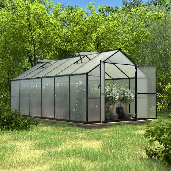 8 ft. W x 12 ft. D Polycarbonate Greenhouse for Outdoors, Green House Kit with 2-Adjustable Roof Vents, Gray