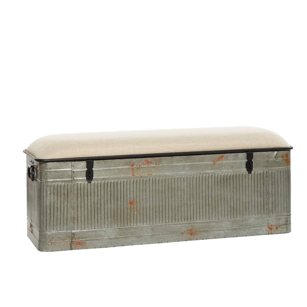 Gray Galvanized Metal Storage Bench with Beige Upholstered Seat