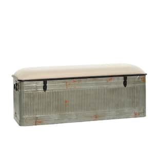 Gray Galvanized Storage Bench with Cream Burlap Top 18 in. X 50 in. X 16 in.
