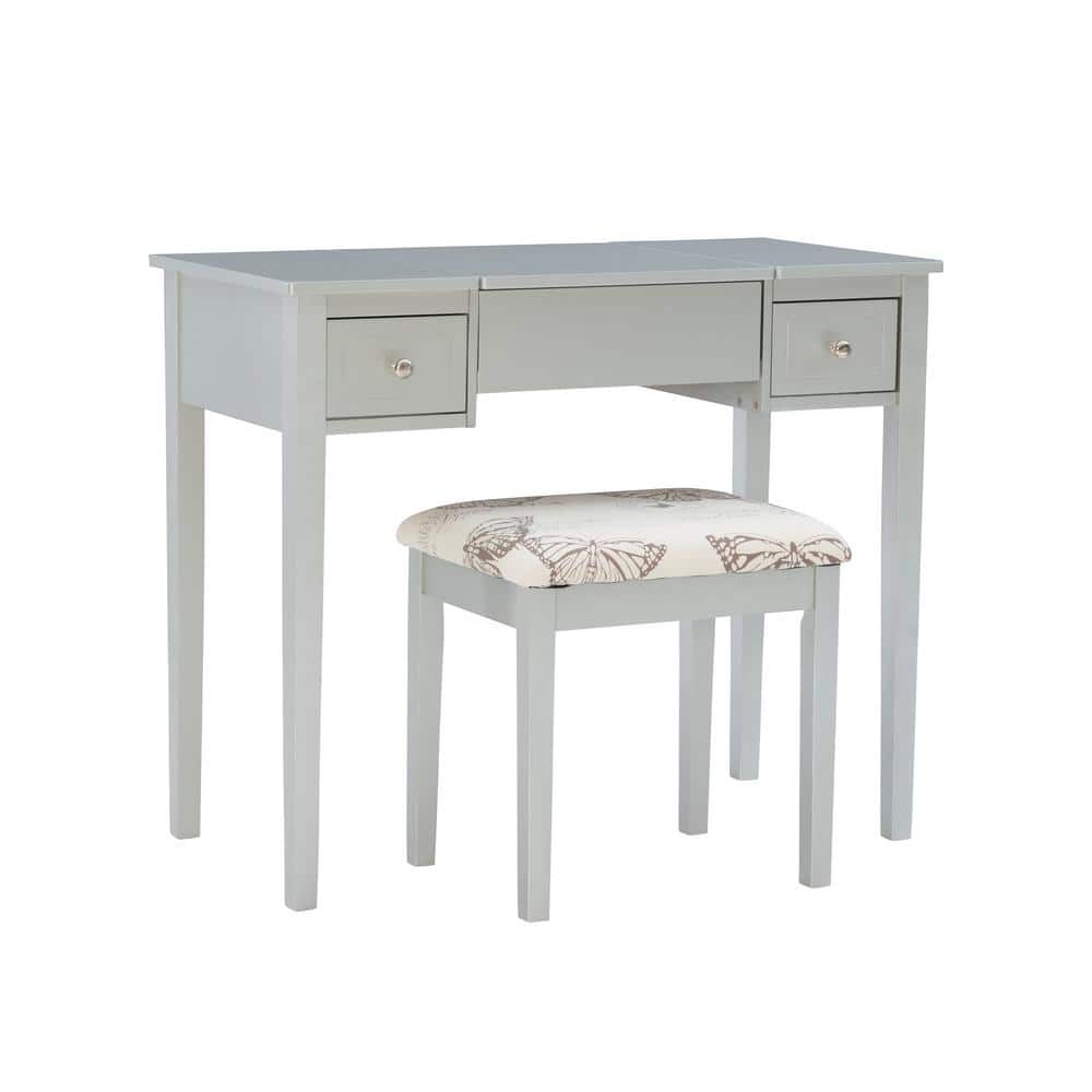 Silver Butterfly 39" Vanity Set with Padded Stool and Flip Top Mirror