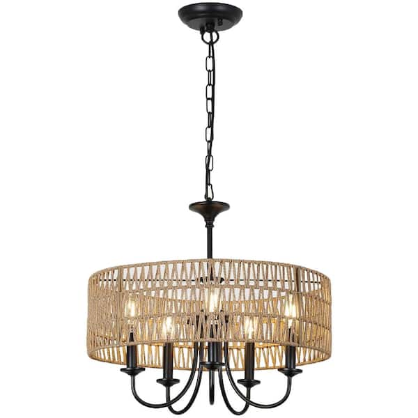 PUDO 19.7 in. 5-Light Farmhouse Bohemian Style Brown Pendant Light with Rattan Woven Shade