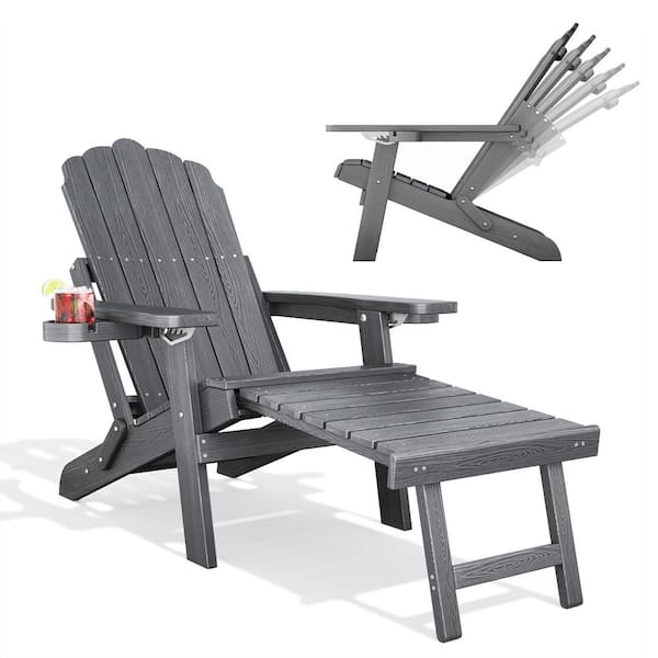 Lofka 1-Piece Adirondack Chair with Retractable Ottoman, Outdoor Folding Chair for Patio Garden, Gray