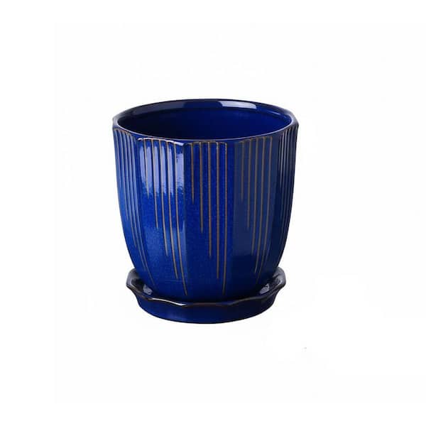 6 in. Navy Hand Glazed Ceramic Flower Pot (Drainage and Saucer)