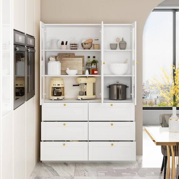 FUFU GAGA White Wood Kitchen Food Pantry 3 Door Cabine with 6 Drawers 47.2 in. W x 15.7 in. D x 70.9 in. H KF020260 012 c